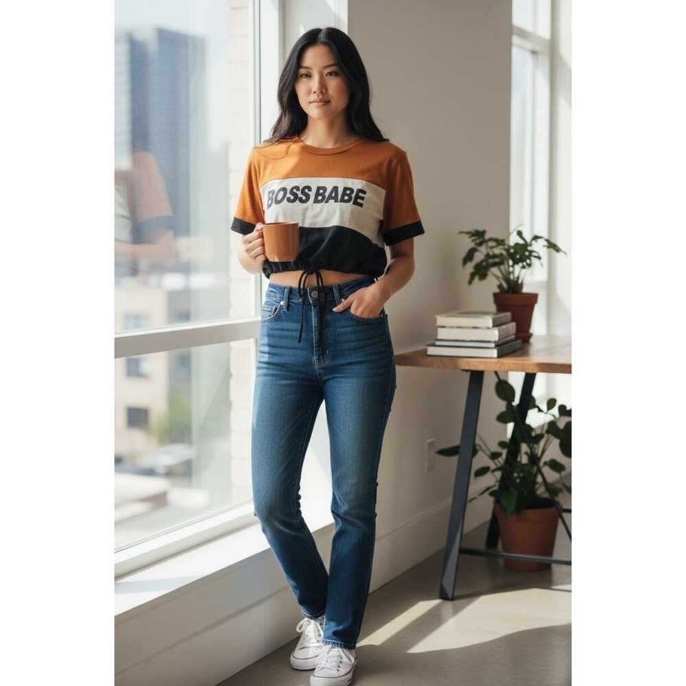 Boss Babe Colorblock Black Brown Beige Crop Top  Drawstring Hem Womens Papaya S